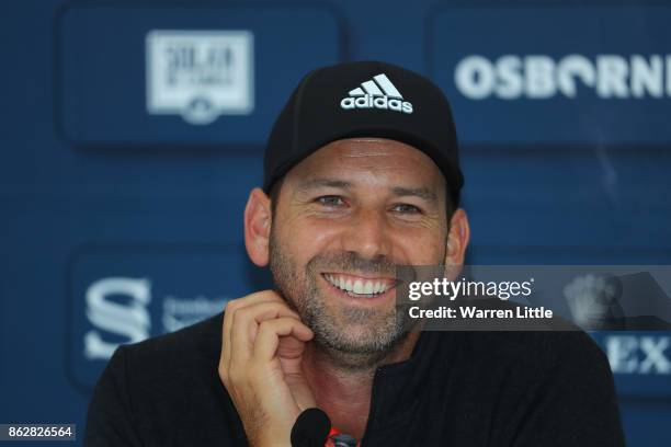 Sergio Garcia of Spain addresses a press conference ahead of the Andalucia Valderrama Masters at Real Club Valderrama on October 18, 2017 in Cadiz,...