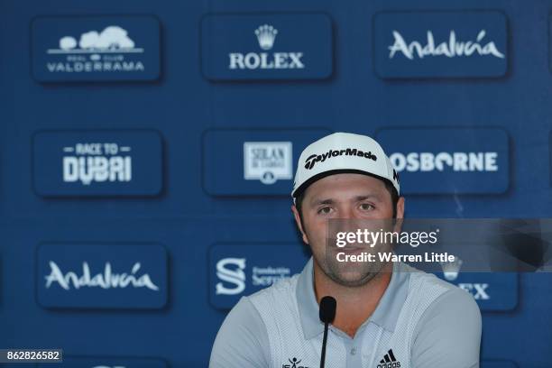 Jon Rahm of Spain addresses a press conference ahead of the Andalucia Valderrama Masters at Real Club Valderrama on October 18, 2017 in Cadiz, Spain.