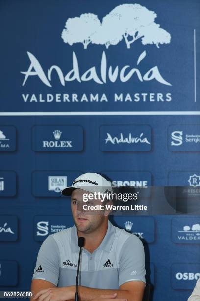 Jon Rahm of Spain addresses a press conference ahead of the Andalucia Valderrama Masters at Real Club Valderrama on October 18, 2017 in Cadiz, Spain.