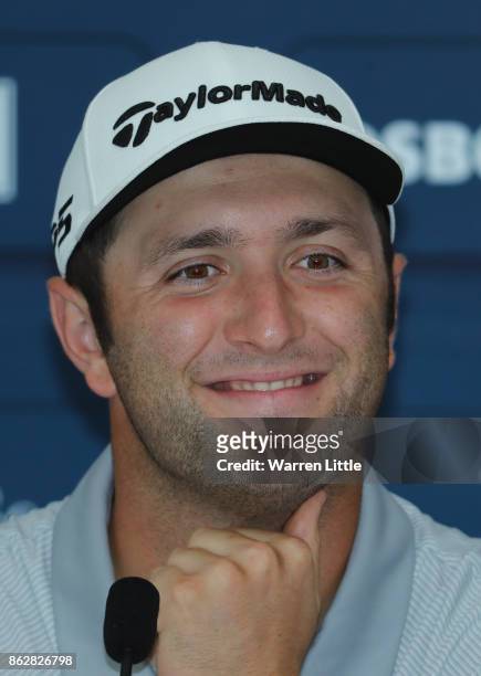 Jon Rahm of Spain addresses a press conference ahead of the Andalucia Valderrama Masters at Real Club Valderrama on October 18, 2017 in Cadiz, Spain.