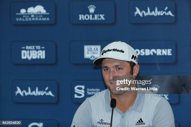 Jon Rahm of Spain addresses a press conference ahead of the Andalucia Valderrama Masters at Real Club Valderrama on October 18, 2017 in Cadiz, Spain.