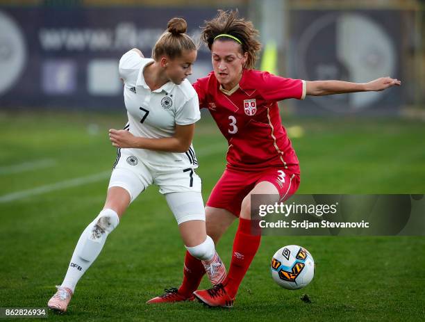 Giulia Gwinn of Germany in action against Jovana Stojanovic of Serbia during the international friendly match between U19 Women's Serbia and U19...