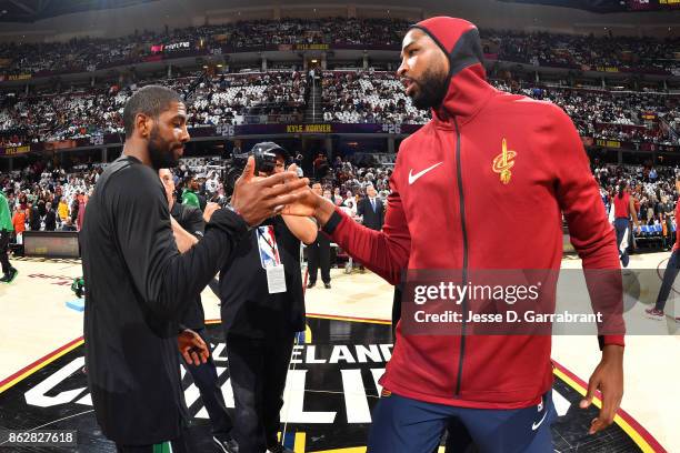 Kyrie Irving of the Boston Celtics shakes hands with Tristan Thompson of the Cleveland Cavaliers before the game on October 17, 2017 at Quicken Loans...