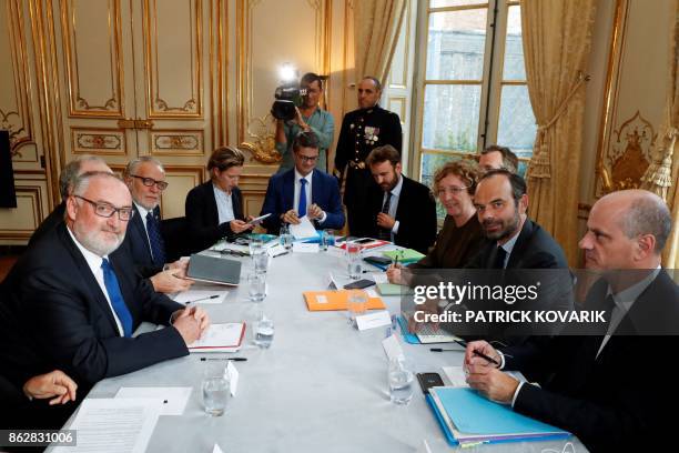 French Prime Minister Edouard Philippe , French Minister of National Education Jean-Michel Blanquer and French Minister of Labour Muriel Penicaud ,...