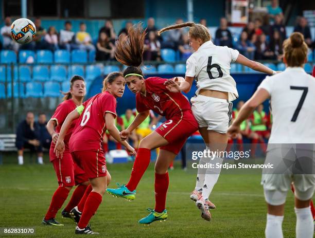 Janina Minge of Germany jump for the ball against Jovana Stojanovic of Serbia during the international friendly match between U19 Women's Serbia and...