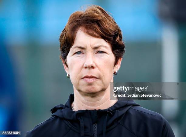 Head coach Maren Meinert of Germany looks on prior the international friendly match between U19 Women's Serbia and U19 Women's Germany at stadium...