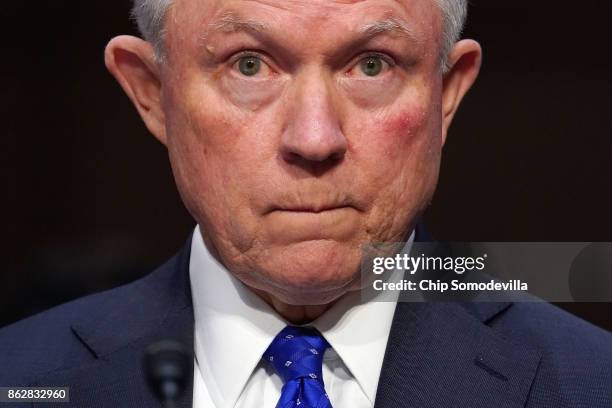 Attorney General Jeff Sessions testifies before the Senate Judiciary Committee in the Hart Senate Office Building on Capitol Hill October 18, 2017 in...