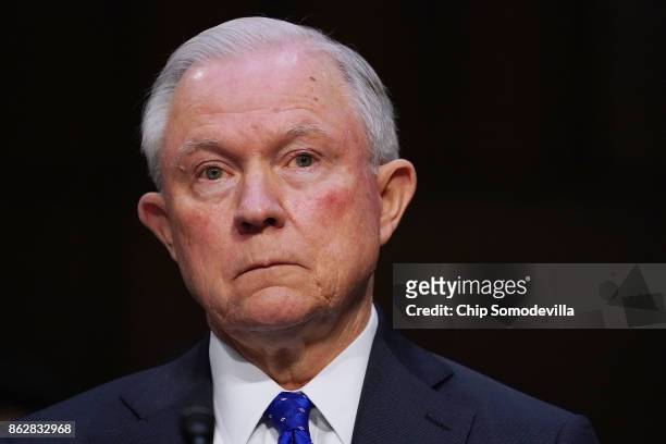 Attorney General Jeff Sessions testifies before the Senate Judiciary Committee in the Hart Senate Office Building on Capitol Hill October 18, 2017 in...