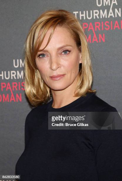 Uma Thurman poses at a press meet & greet for her new broadway play "The Parisian Woman" at The New 42nd Street Studios on October 18, 2017 in New...