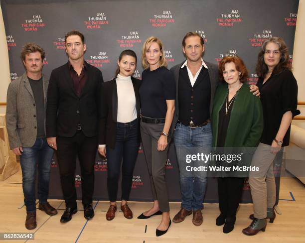 Beau Willimon, Marton Csokas, Phillipa Soo, Uma Thurman, Josh Lucas, Blair Brown and Pam MacKinnon attend the Meet & Greet Photo Call for the cast of...