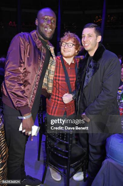 Stormzy, Ed Sheeran and Example attend The Q Awards 2017, in association with Absolute Radio, at The Roundhouse on October 18, 2017 in London,...