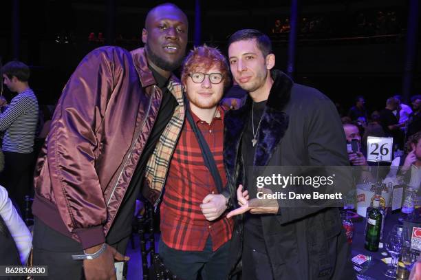 Stormzy, Ed Sheeran and Example attend The Q Awards 2017, in association with Absolute Radio, at The Roundhouse on October 18, 2017 in London,...