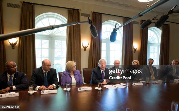 President Donald Trump speaks during a meeting with members of the Senate Finance Committee and his economic team October 18, 2017 at the White House...