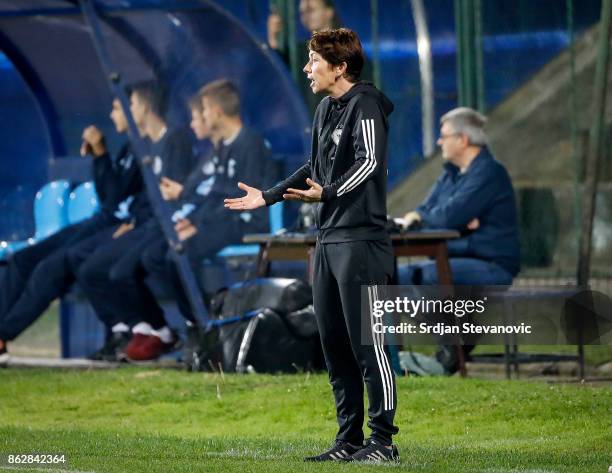 Head coach Maren Meinert of Germany reacts during the international friendly match between U19 Women's Serbia and U19 Women's Germany at stadium...