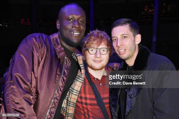 Stormzy, Ed Sheeran and Example attend The Q Awards 2017, in association with Absolute Radio, at The Roundhouse on October 18, 2017 in London,...