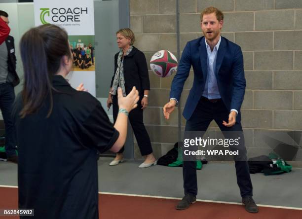 Prince Harry attends the Coach Core graduation ceremony for more than 150 Coach Core apprentices at The London Stadium on October 18, 2017 in London,...