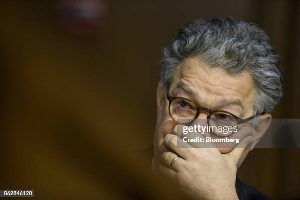 Senator Al Franken, a Democrat from Minnesota, listens during a Senate Judiciary Committee hearing with Jeff Sessions, U.S. Attorney general, not...