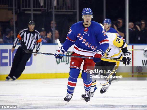 Adam Cracknell of the New York Rangers skates against the Pittsburgh Penguins at Madison Square Garden on October 17, 2017 in New York City. The...