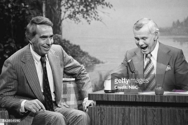 Pictured: New anchor Tom Snyder during an interview with host Johnny Carson on June 7, 1977 --