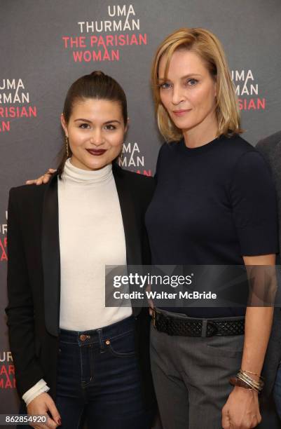 Phillipa Soo and Uma Thurman attend the Meet & Greet Photo Call for the cast of Broadway's 'The Parisian Woman' at the New 42nd Street Studios on...