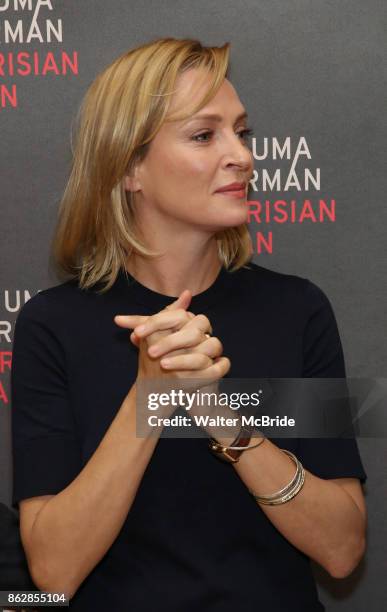 Uma Thurman attends the Meet & Greet Photo Call for the cast of Broadway's 'The Parisian Woman' at the New 42nd Street Studios on October 18, 2017 in...