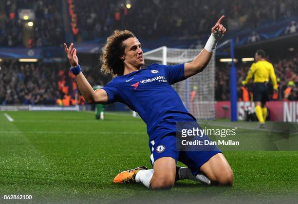 David Luiz of Chelsea celebrates scoring his sides first goal during the UEFA Champions League group C match between Chelsea FC and AS Roma at...