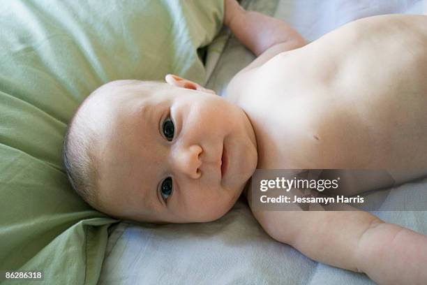 baby lying on bed - jessamyn harris stock pictures, royalty-free photos & images