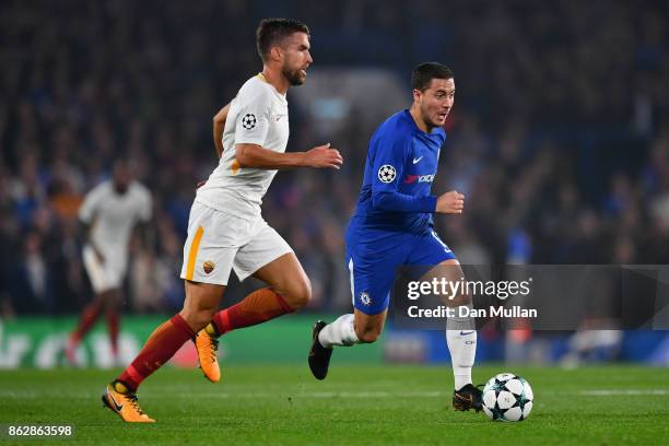 Kevin Strootman of AS Roma and Eden Hazard of Chelsea battle for posession during the UEFA Champions League group C match between Chelsea FC and AS...