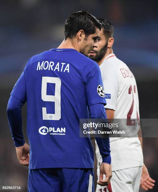 Alvaro Morata of Chelsea looks on during the UEFA Champions League group C match between Chelsea FC and AS Roma at Stamford Bridge on October 18,...