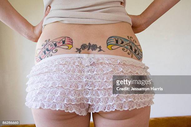 woman in underwear with tattoos - jessamyn harris stock pictures, royalty-free photos & images