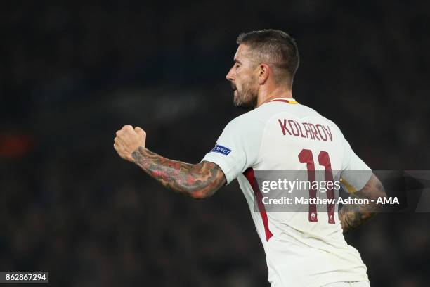 Aleksandar Kolarov of AS Roma celebrates after scoring a goal to make it 2-1 during the UEFA Champions League group C match between Chelsea FC and AS...