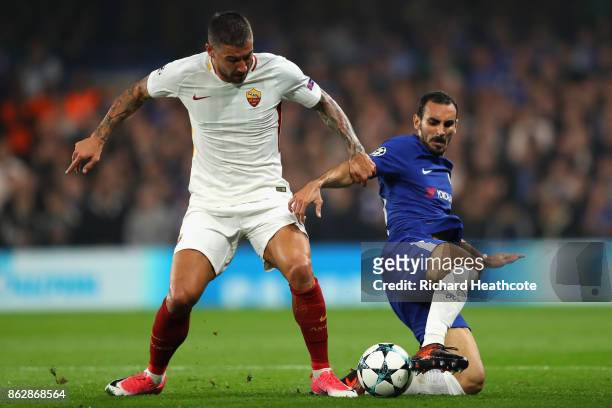 Aleksandar Kolarov of AS Roma and Davide Zappacosta of Chelsea battle for possession during the UEFA Champions League group C match between Chelsea...