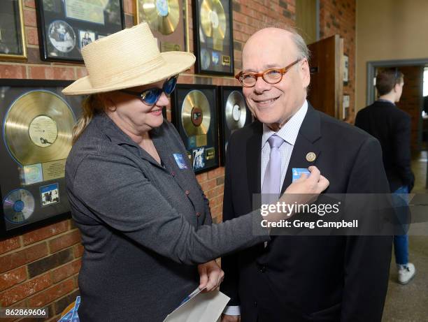 Nancy Apple places a GRAMMY Disrict Advocate sticker on Congressman Steve Cohen at Ardent Studios on October 18, 2017 in Memphis, Tennessee.