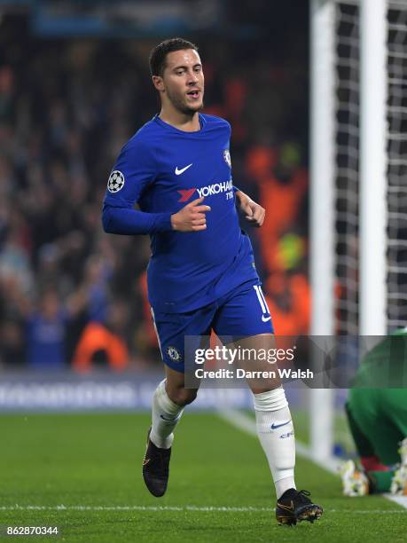 Eden Hazard of Chelsea celebrates scoring his sides second goal during the UEFA Champions League group C match between Chelsea FC and AS Roma at...