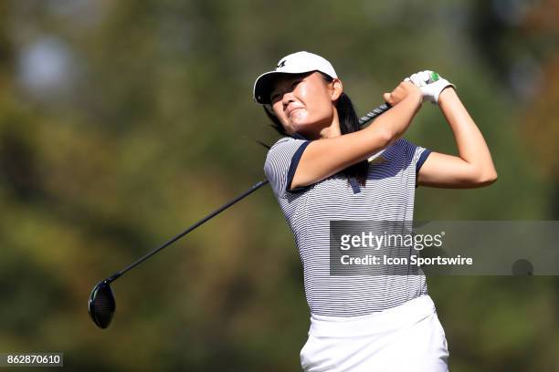 Michigan's Megan Kim on the 18th tee during the second round of the Ruth's Chris Tar Heel Invitational Women's Golf Tournament on October 14 at the...