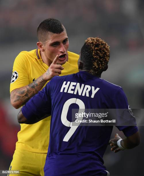 Marco Verratti of PSG and Henry Onyekuru of RSC Anderlecht argue during the UEFA Champions League group B match between RSC Anderlecht and Paris...