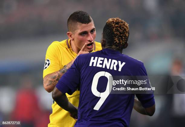 Marco Verratti of PSG and Henry Onyekuru of RSC Anderlecht argue during the UEFA Champions League group B match between RSC Anderlecht and Paris...