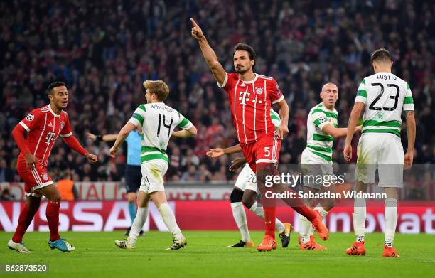 Mats Hummels of Bayern Muenchen celebrates after scoring his sides third goal during the UEFA Champions League group B match between Bayern Muenchen...