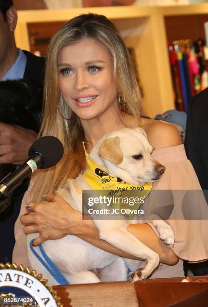 Model Joanna Krupa speaks during a press conference celebrating Calfornia Governor Jerry Brown signing California assembly Bill 485: The Pet Rescue...