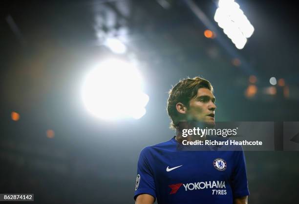 Marcos Alonso of Chelsea looks on during the UEFA Champions League group C match between Chelsea FC and AS Roma at Stamford Bridge on October 18,...