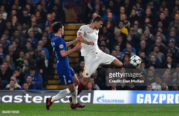 Edin Dzeko of AS Roma scores his sides second goal during the UEFA Champions League group C match between Chelsea FC and AS Roma at Stamford Bridge...