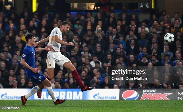 Edin Dzeko of AS Roma scores his sides second goal during the UEFA Champions League group C match between Chelsea FC and AS Roma at Stamford Bridge...