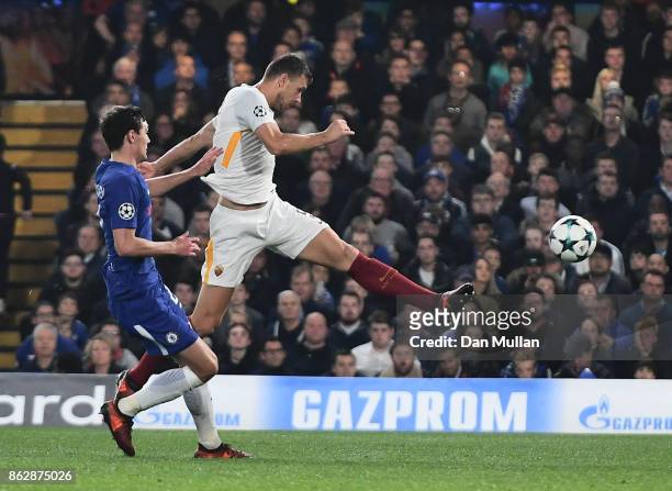 Edin Dzeko of AS Roma scores his sides second goal during the UEFA Champions League group C match between Chelsea FC and AS Roma at Stamford Bridge...