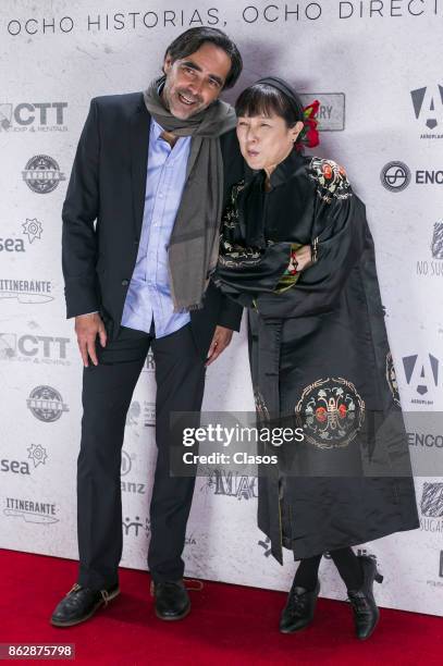 Mexican filmmaker Carlos Bolado poses with Japanese actress Kaori Momoi during the premiere of the Mexican film 'La Habitación' at Cinepolis Patio...