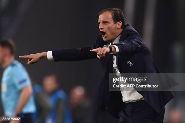 Juventus' coach from Italy Massimiliano Allegri reacts during the UEFA Champions League Group D football match Juventus vs Sporting CP at the...