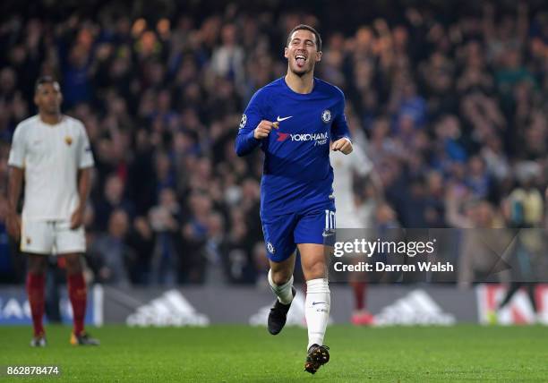 Eden Hazard of Chelsea celebrates after scoring his sides third goal during the UEFA Champions League group C match between Chelsea FC and AS Roma at...