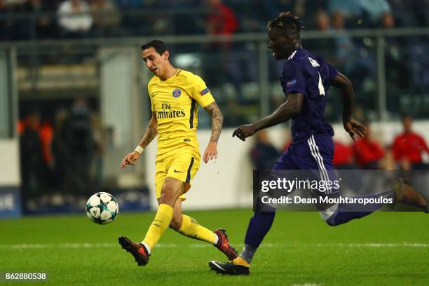 Angel Di Maria of PSG scores his sides fourth goal during the UEFA Champions League group B match between RSC Anderlecht and Paris Saint-Germain at...