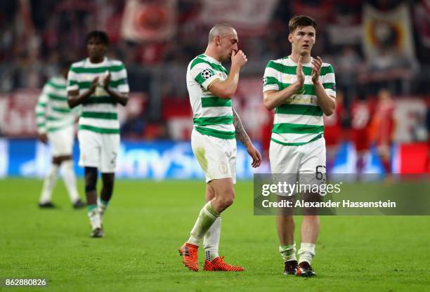 Celtic react after the full time whistle during the UEFA Champions League group B match between Bayern Muenchen and Celtic FC at Allianz Arena on...