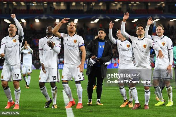 Basel's players celebrate after the UEFA Champions League Group A football match between PFC CSKA Moscow and FC Basel 1893 at the VEB Arena stadium...