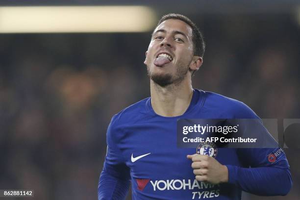 Chelsea's Belgian midfielder Eden Hazard celebrates after scoring during a UEFA Champions league group stage football match between Chelsea and Roma...